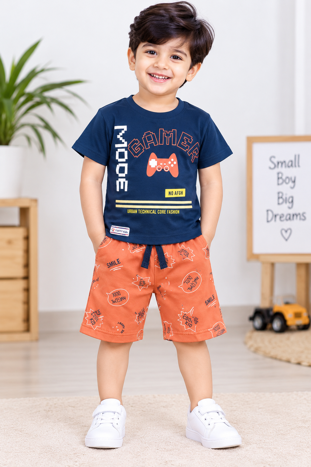 Boys Navy Blue Gamer Printed T-Shirt & Rust Orange Short Set