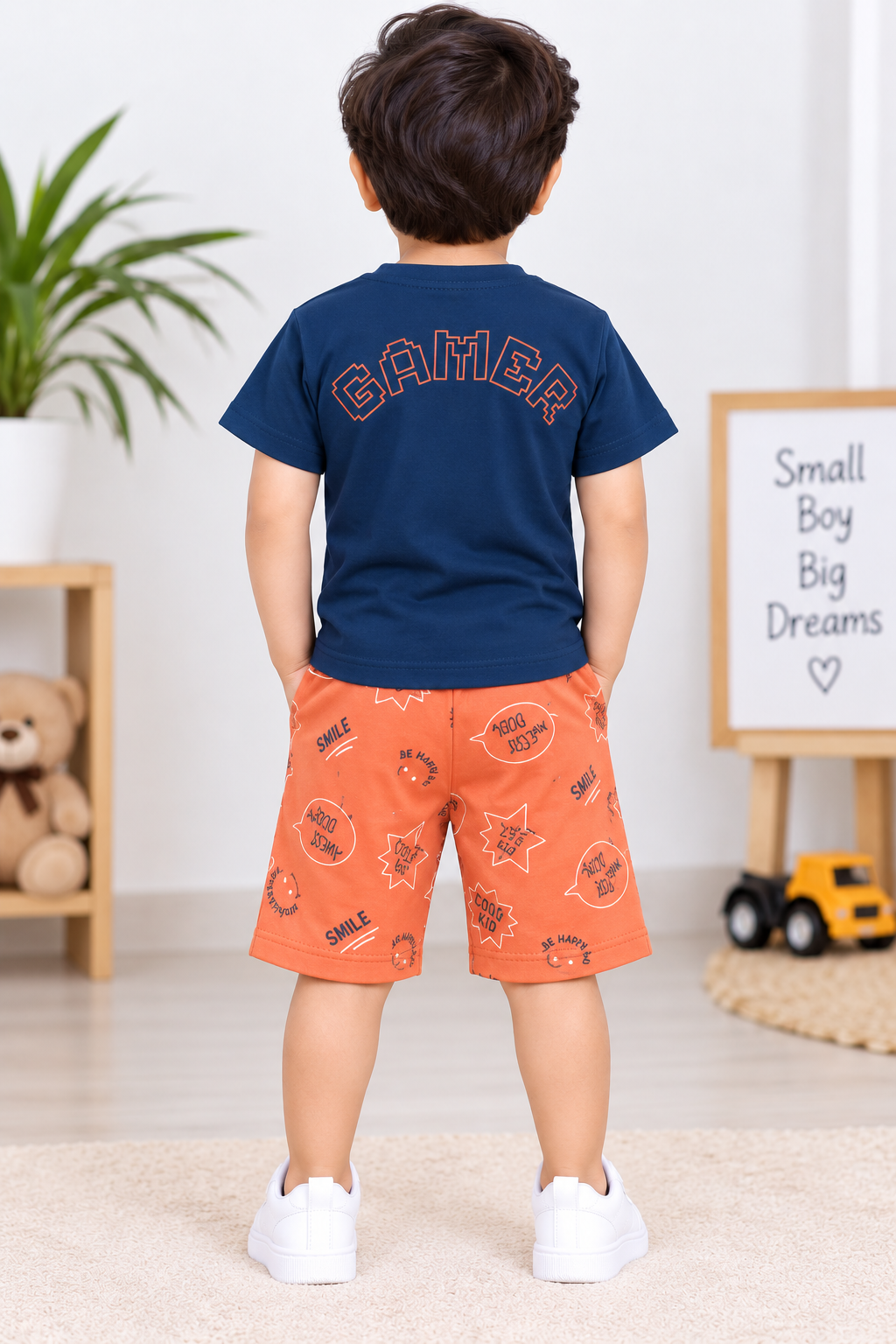 Boys Navy Blue Gamer Printed T-Shirt & Rust Orange Short Set