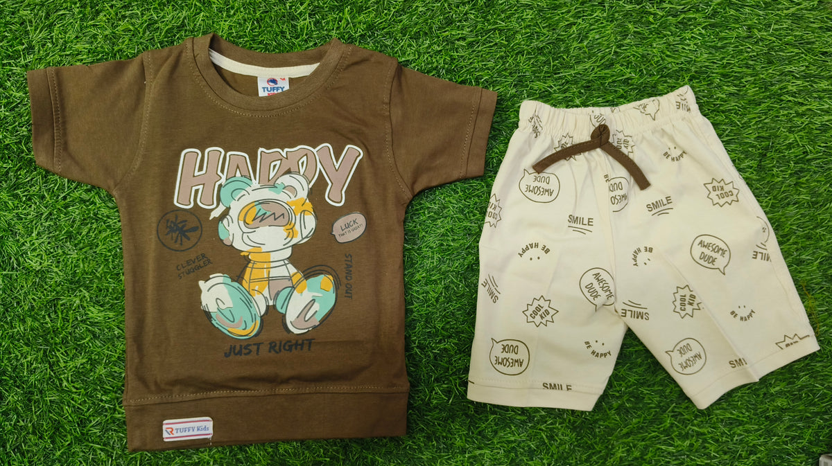 Boys Brown Graphic Printed T-Shirt & Cream Printed Short Set