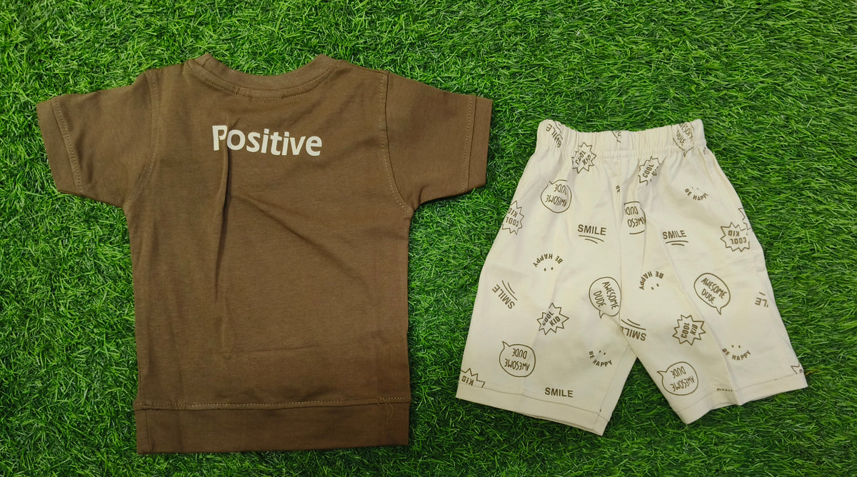 Boys Brown Graphic Printed T-Shirt & Cream Printed Short Set