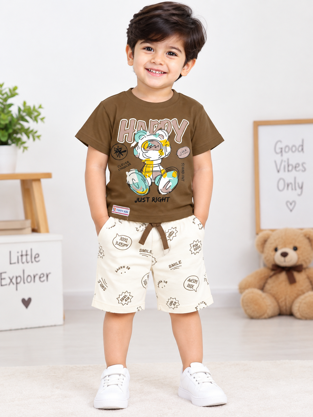 Boys Brown Graphic Printed T-Shirt & Cream Printed Short Set