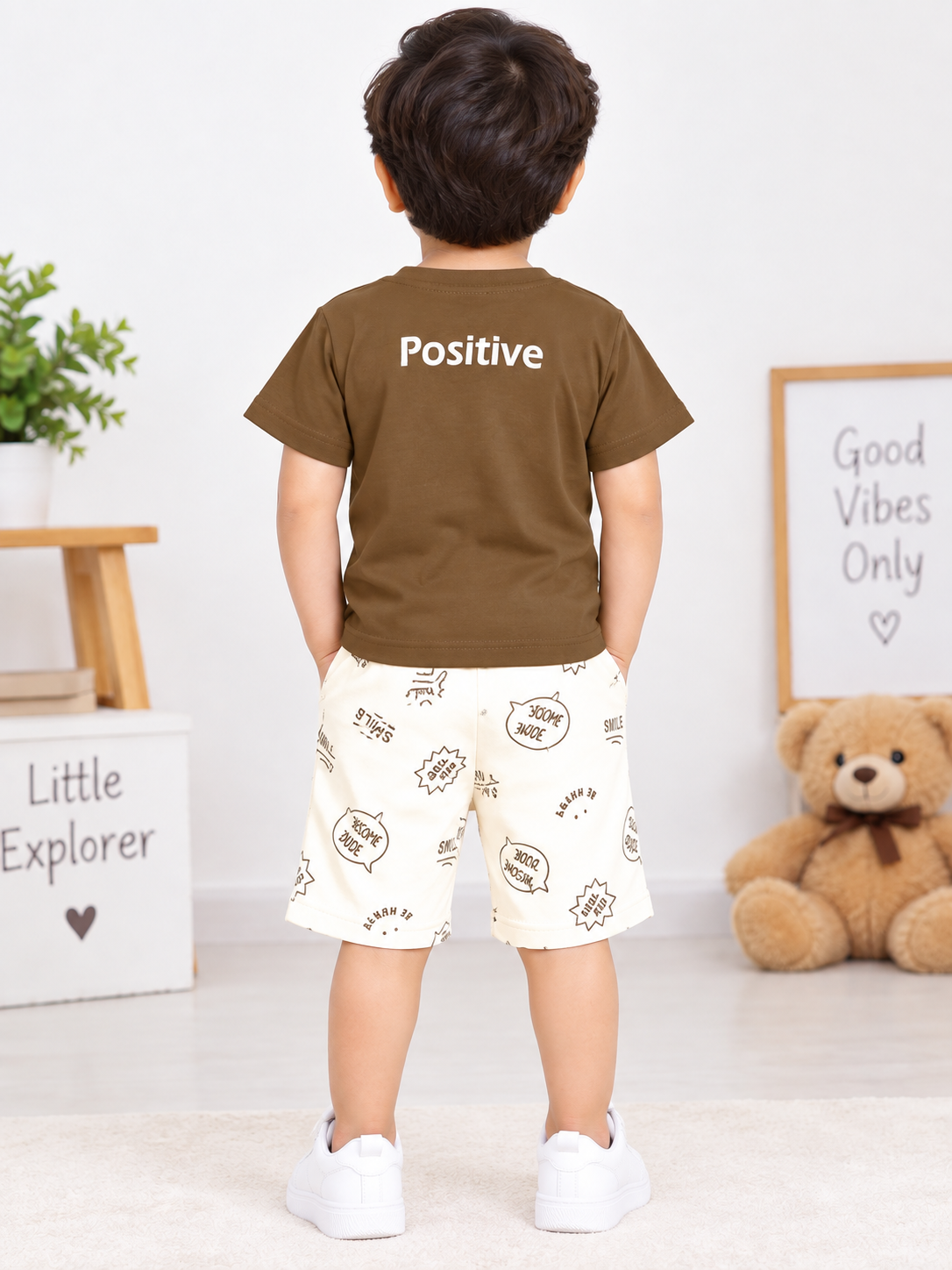 Boys Brown Graphic Printed T-Shirt & Cream Printed Short Set
