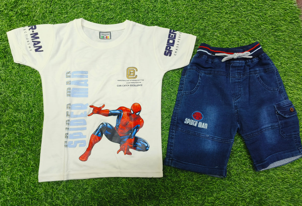 Boys Off White Spider-Man Printed T-Shirt & Dark Blue Denim Short Set