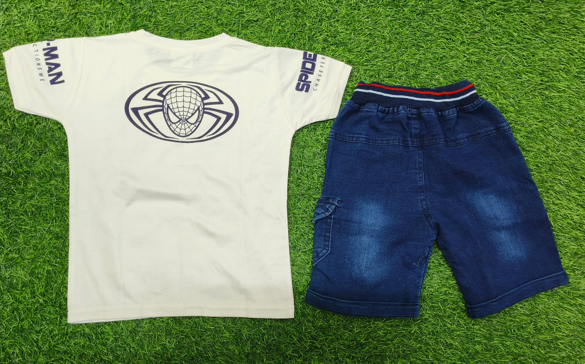 Boys Off White Spider-Man Printed T-Shirt & Dark Blue Denim Short Set