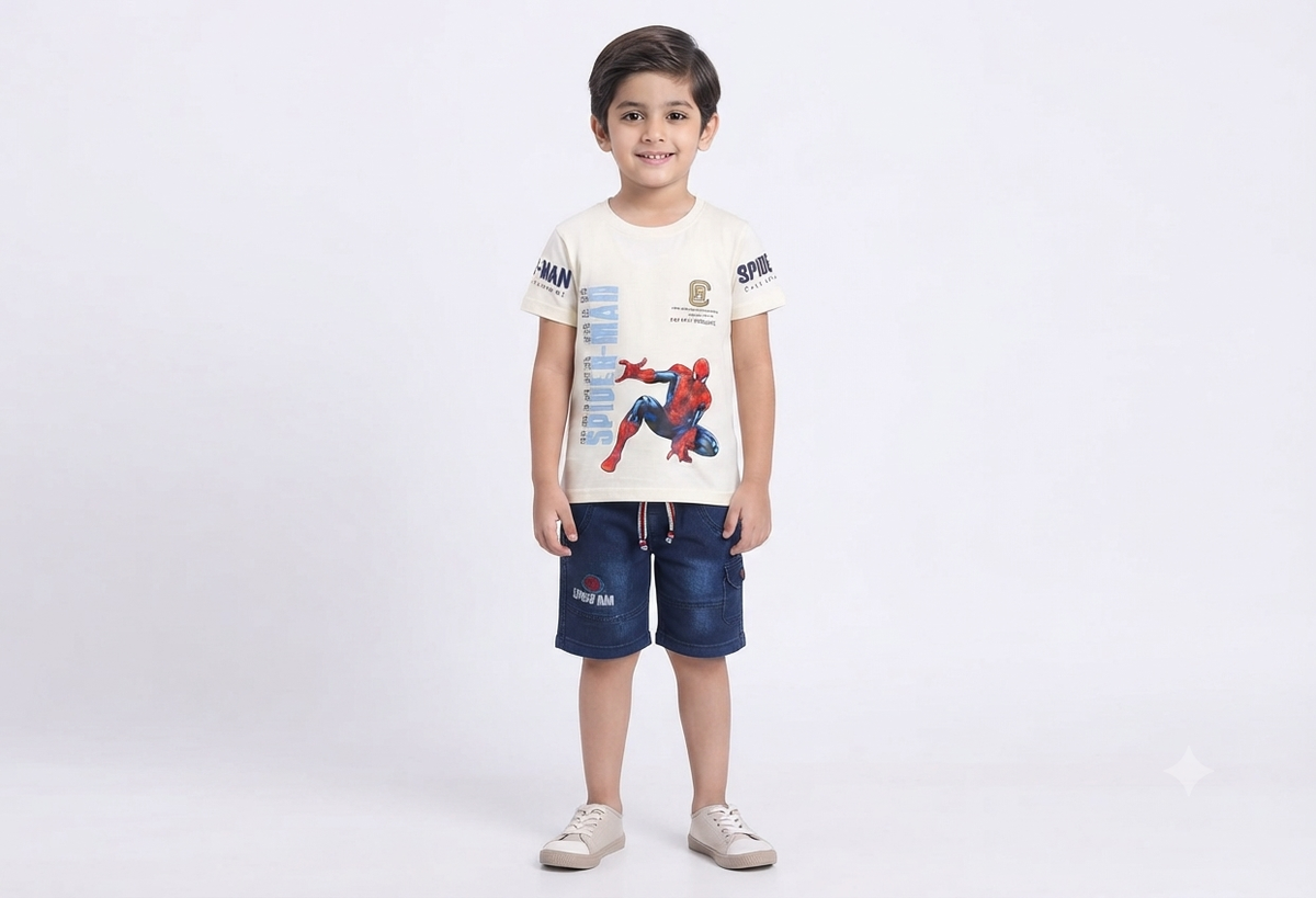 Boys Off White Spider-Man Printed T-Shirt & Dark Blue Denim Short Set