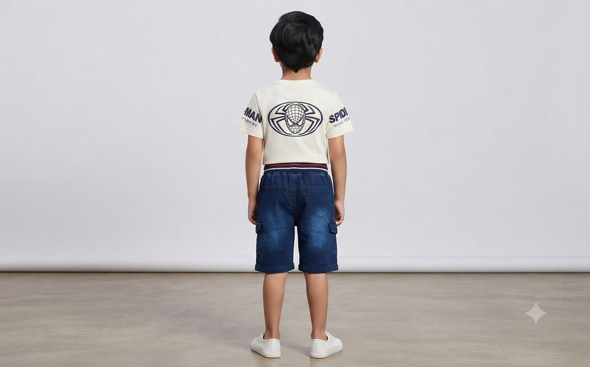 Boys Off White Spider-Man Printed T-Shirt & Dark Blue Denim Short Set