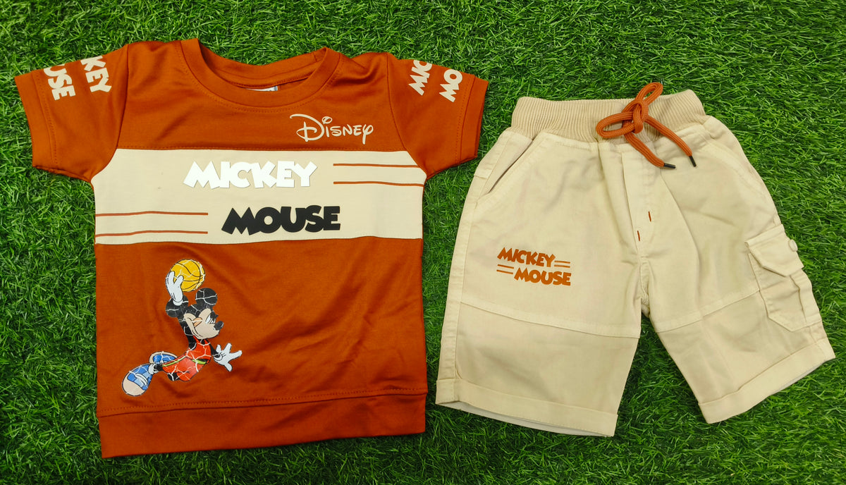 Boys Rust Orange Printed T-Shirt Printed & Beige Cargo Short Set