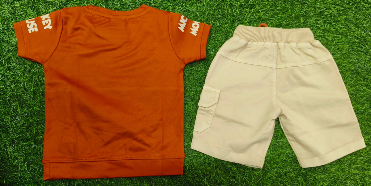 Boys Rust Orange Printed T-Shirt Printed & Beige Cargo Short Set