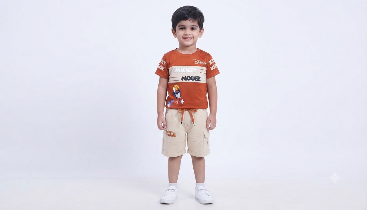 Boys Rust Orange Printed T-Shirt Printed & Beige Cargo Short Set