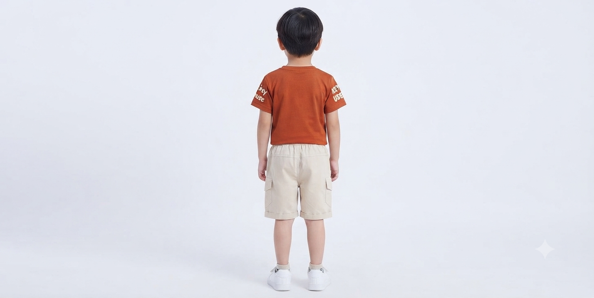Boys Rust Orange Printed T-Shirt Printed & Beige Cargo Short Set