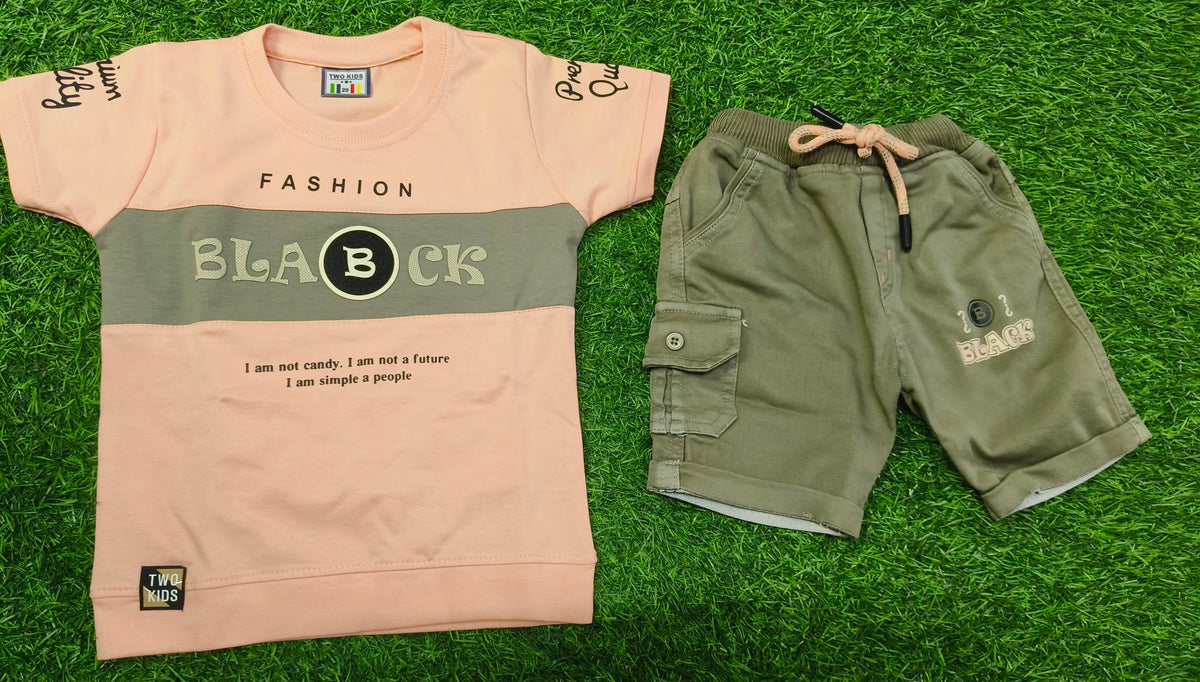 Boys Peach Colour Block T-Shirt & Olive Green Cargo Short Set