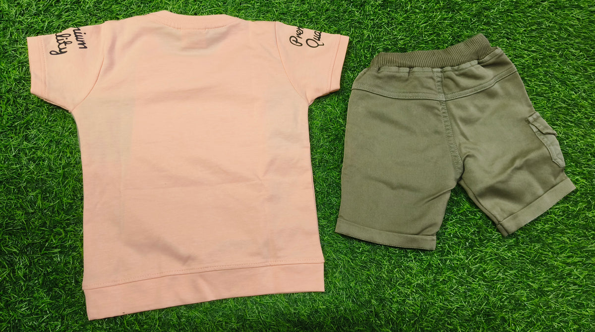 Boys Peach Colour Block T-Shirt & Olive Green Cargo Short Set