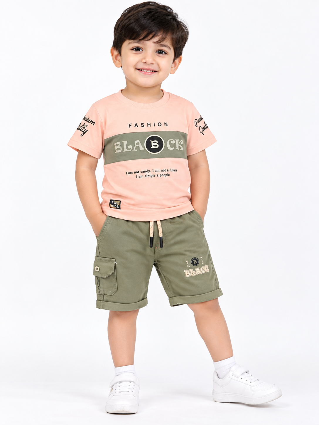 Boys Peach Colour Block T-Shirt & Olive Green Cargo Short Set