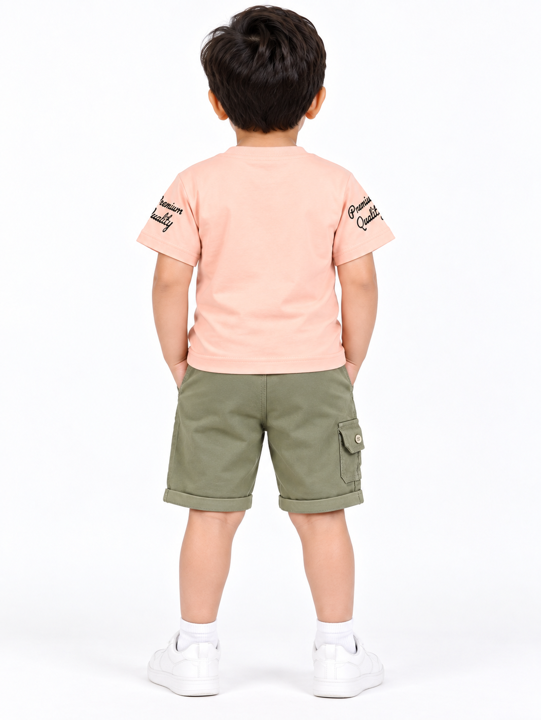 Boys Peach Colour Block T-Shirt & Olive Green Cargo Short Set