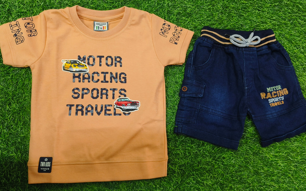 Boys Peach Motor Racing Printed T-Shirt & Dark Blue Denim Cargo Short Set