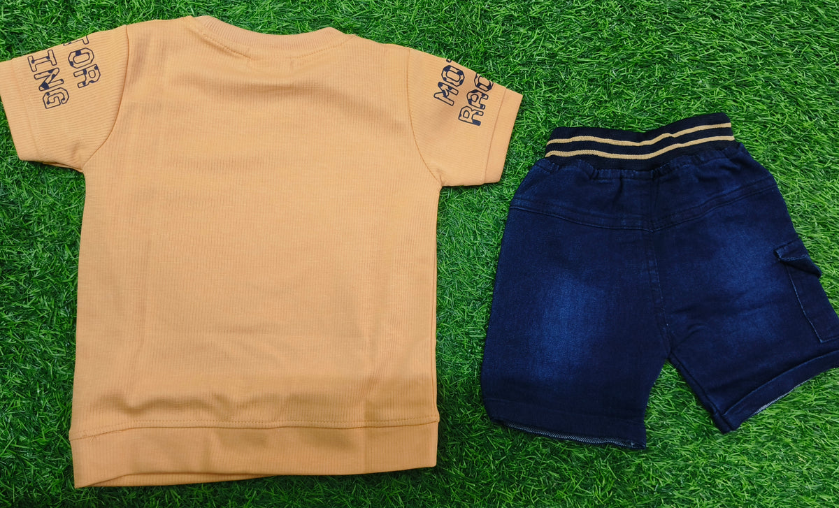 Boys Peach Motor Racing Printed T-Shirt & Dark Blue Denim Cargo Short Set