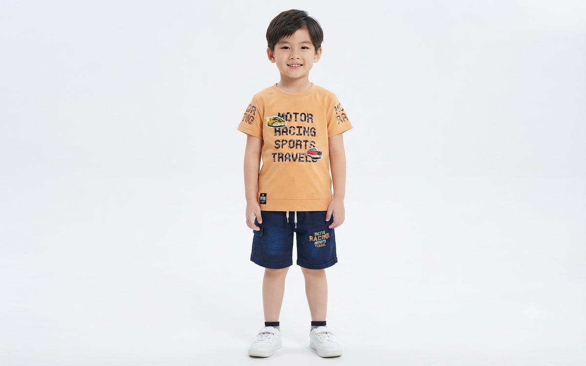 Boys Peach Motor Racing Printed T-Shirt & Dark Blue Denim Cargo Short Set