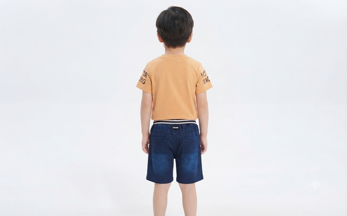 Boys Peach Motor Racing Printed T-Shirt & Dark Blue Denim Cargo Short Set