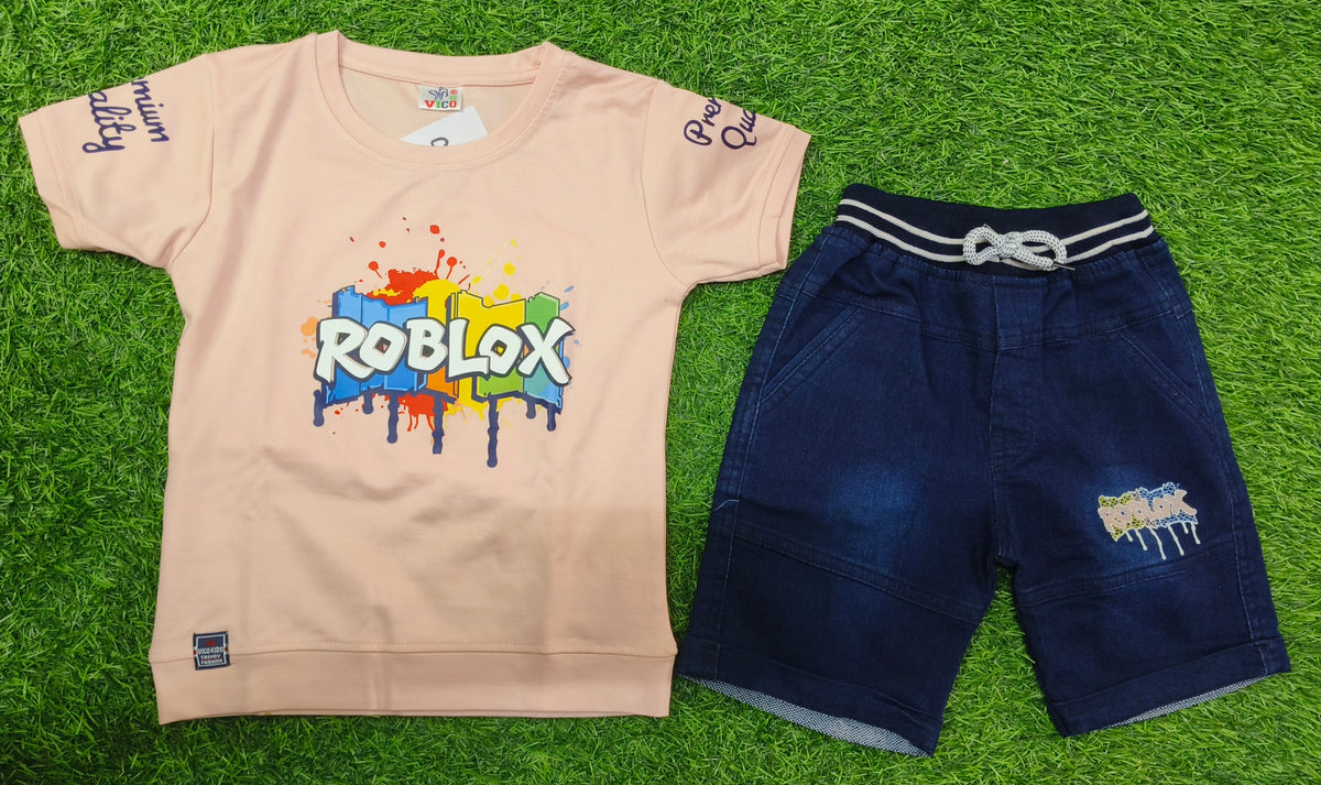 Boys Peach Roblox Printed T-Shirt & Dark Blue Denim Short Set