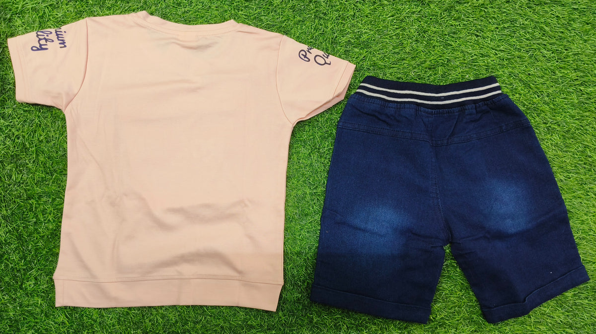Boys Peach Roblox Printed T-Shirt & Dark Blue Denim Short Set