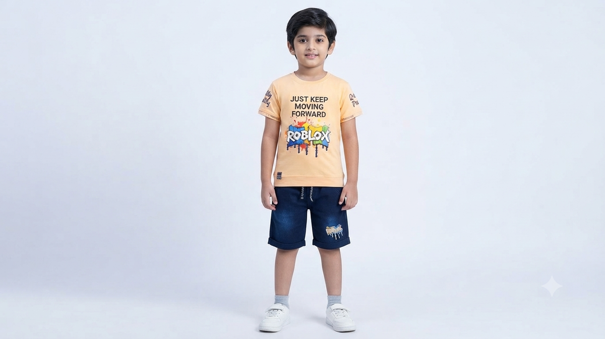 Boys Peach Roblox Printed T-Shirt & Dark Blue Denim Short Set