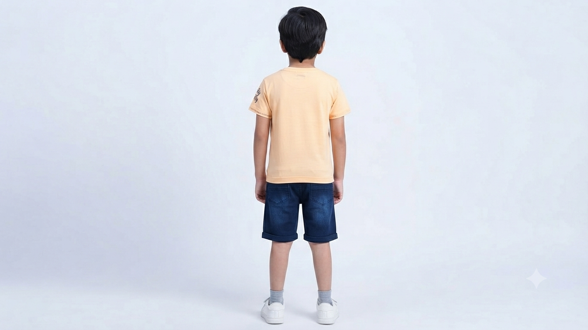 Boys Peach Roblox Printed T-Shirt & Dark Blue Denim Short Set