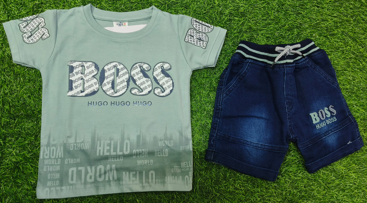 Boys Light Sage Green Printed T-Shirt & Dark Blue Denim Short Set