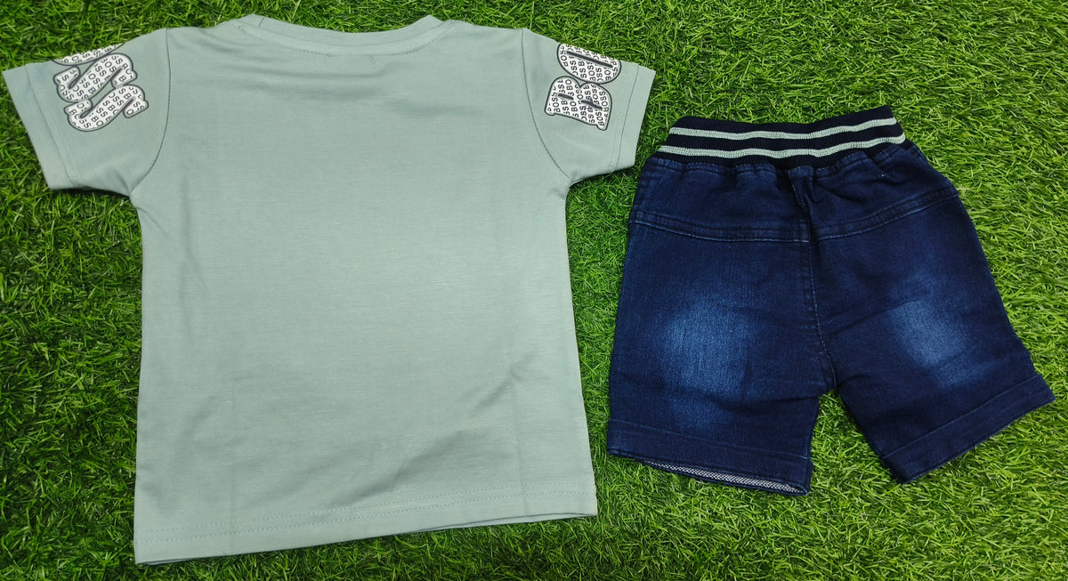 Boys Light Sage Green Printed T-Shirt & Dark Blue Denim Short Set