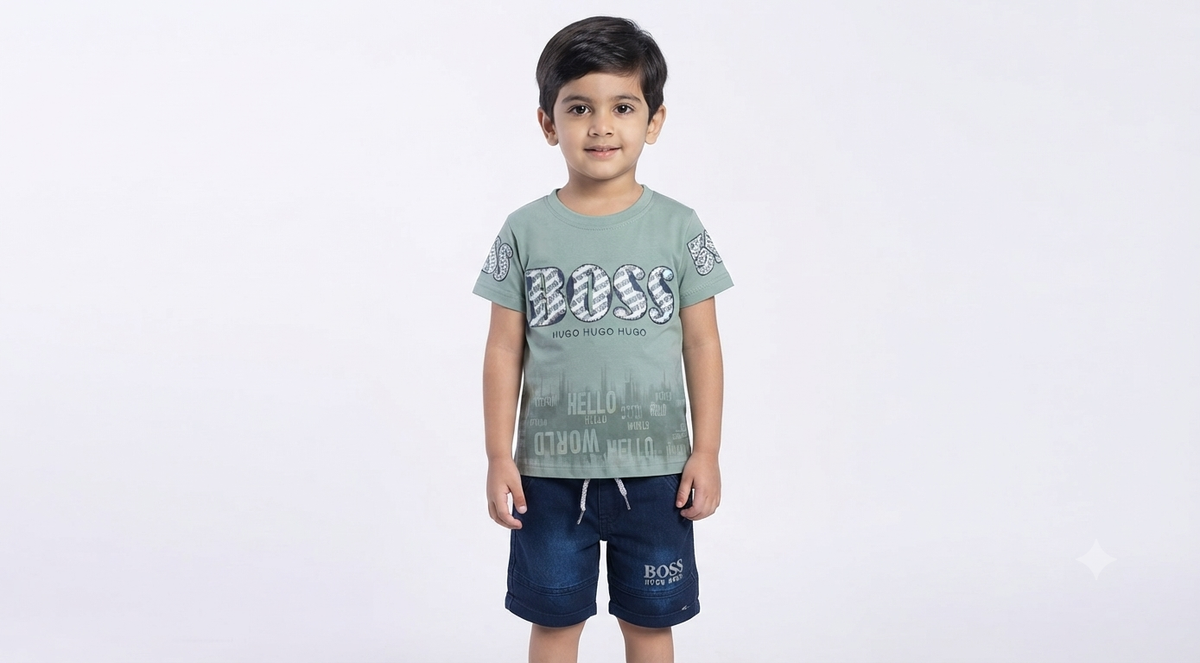Boys Light Sage Green Printed T-Shirt & Dark Blue Denim Short Set