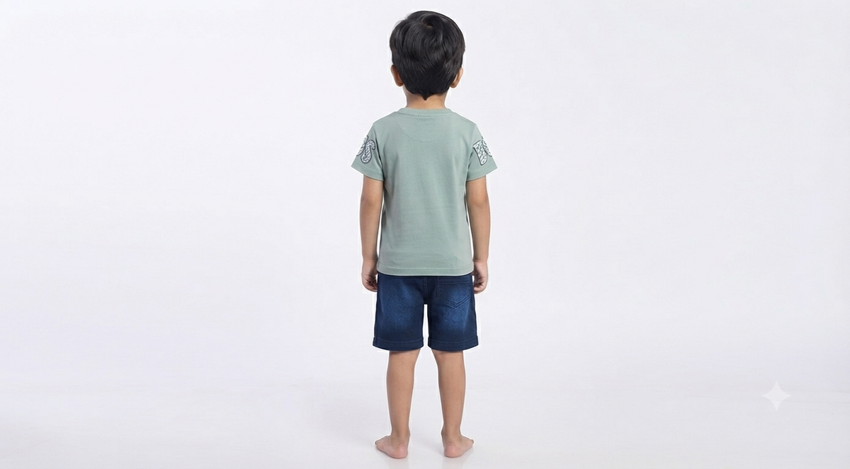 Boys Light Sage Green Printed T-Shirt & Dark Blue Denim Short Set