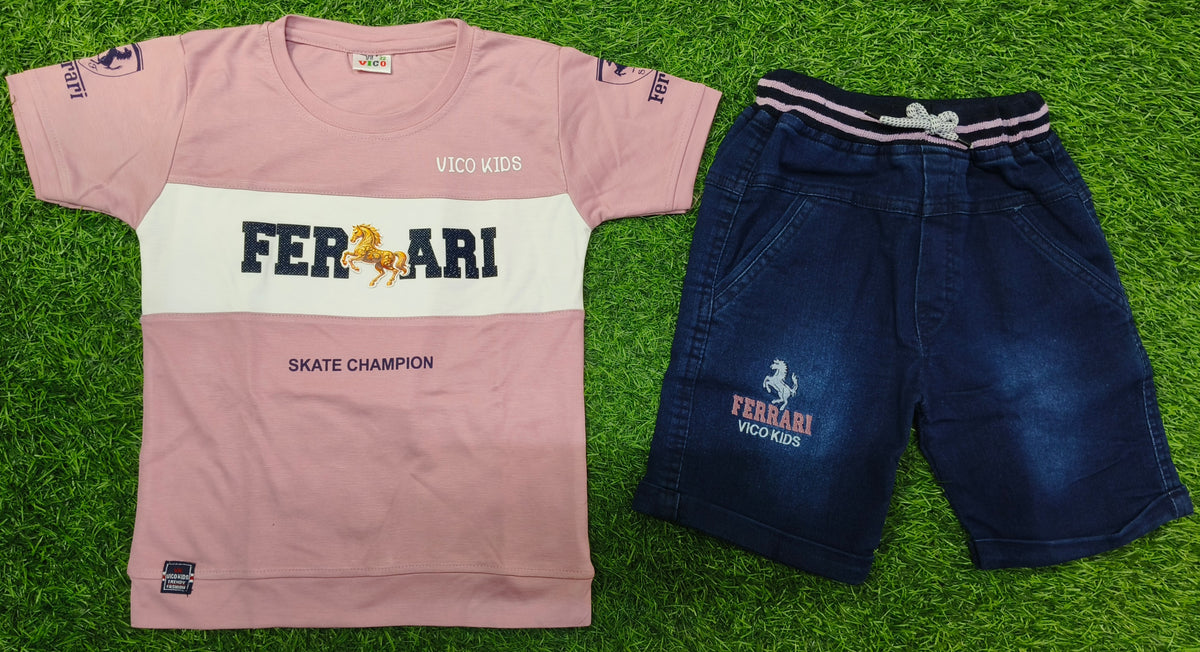 Boys Dusty Pink Printed T-Shirt & Dark Blue Denim Short Set