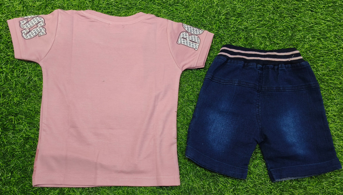 Boys Dusty Pink Printed T-Shirt & Dark Blue Denim Short Set