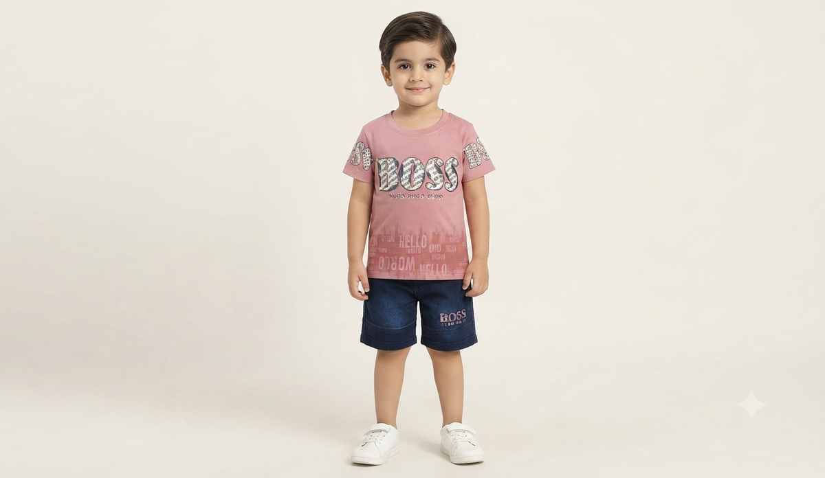 Boys Dusty Pink Printed T-Shirt & Dark Blue Denim Short Set