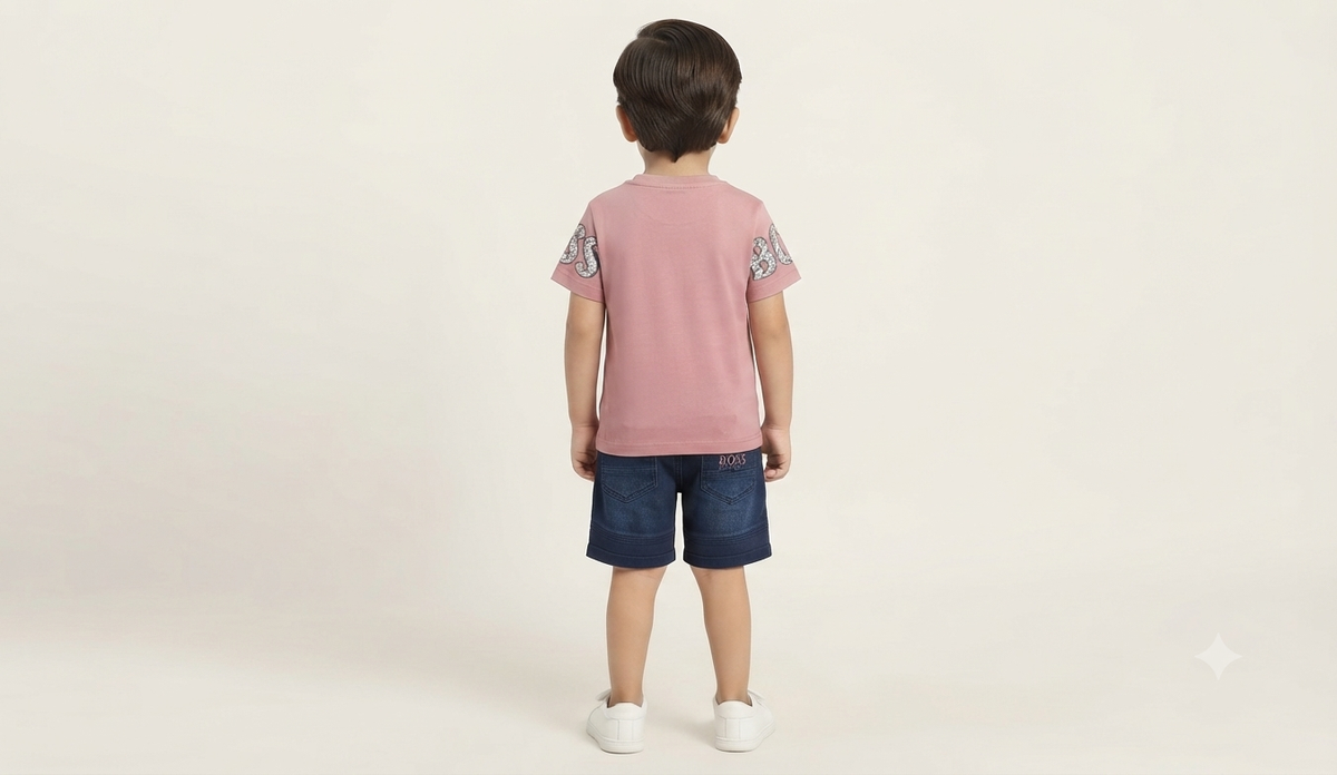 Boys Dusty Pink Printed T-Shirt & Dark Blue Denim Short Set