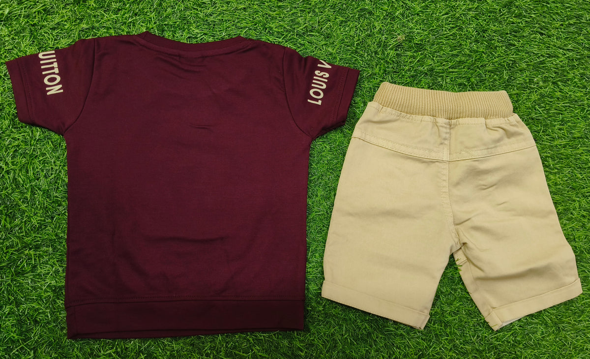 Boys Maroon Printed T-Shirt & Beige Short Set