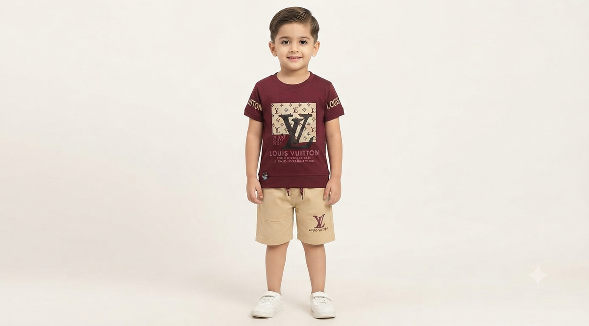 Boys Maroon Printed T-Shirt & Beige Short Set