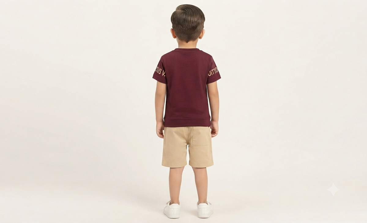 Boys Maroon Printed T-Shirt & Beige Short Set