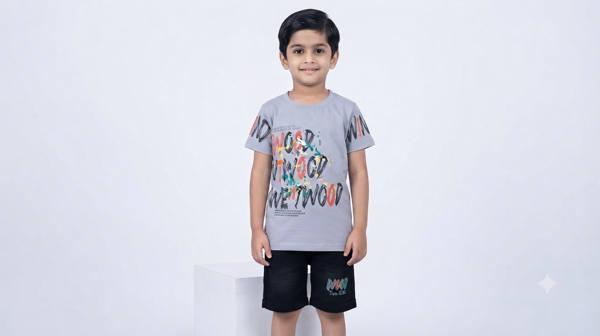 Boys Light Grey Printed T-Shirt & Black Short Set