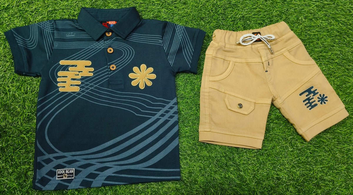 Boys Teal Blue Printed Polo T-Shirt & Beige Short Set