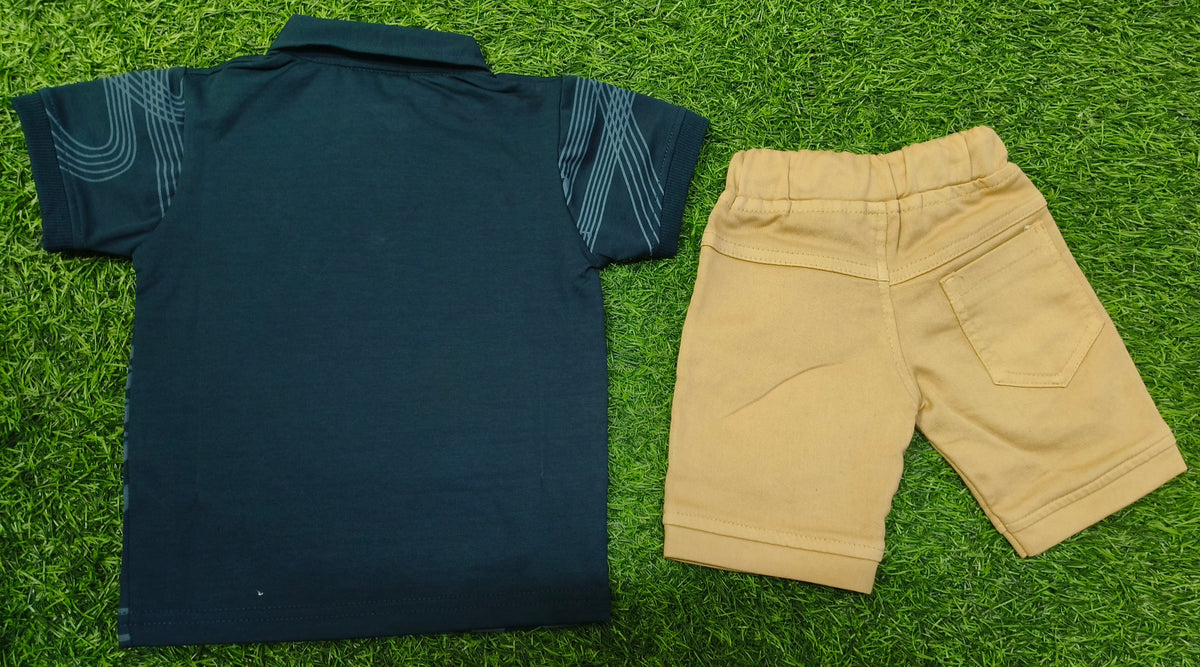Boys Teal Blue Printed Polo T-Shirt & Beige Short Set
