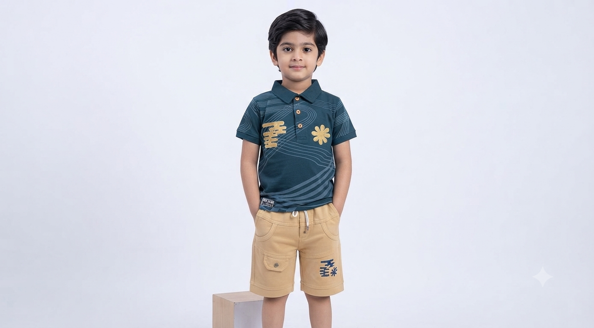 Boys Teal Blue Printed Polo T-Shirt & Beige Short Set