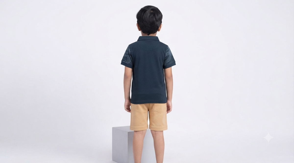 Boys Teal Blue Printed Polo T-Shirt & Beige Short Set