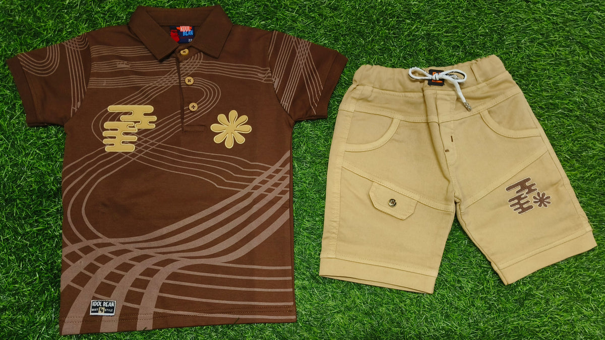 Boys Brown Printed Polo T-Shirt & Beige Short Set