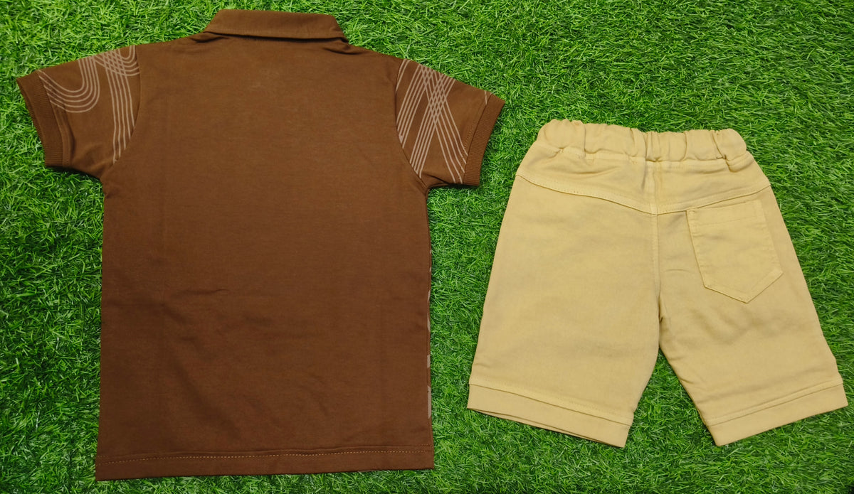 Boys Brown Printed Polo T-Shirt & Beige Short Set