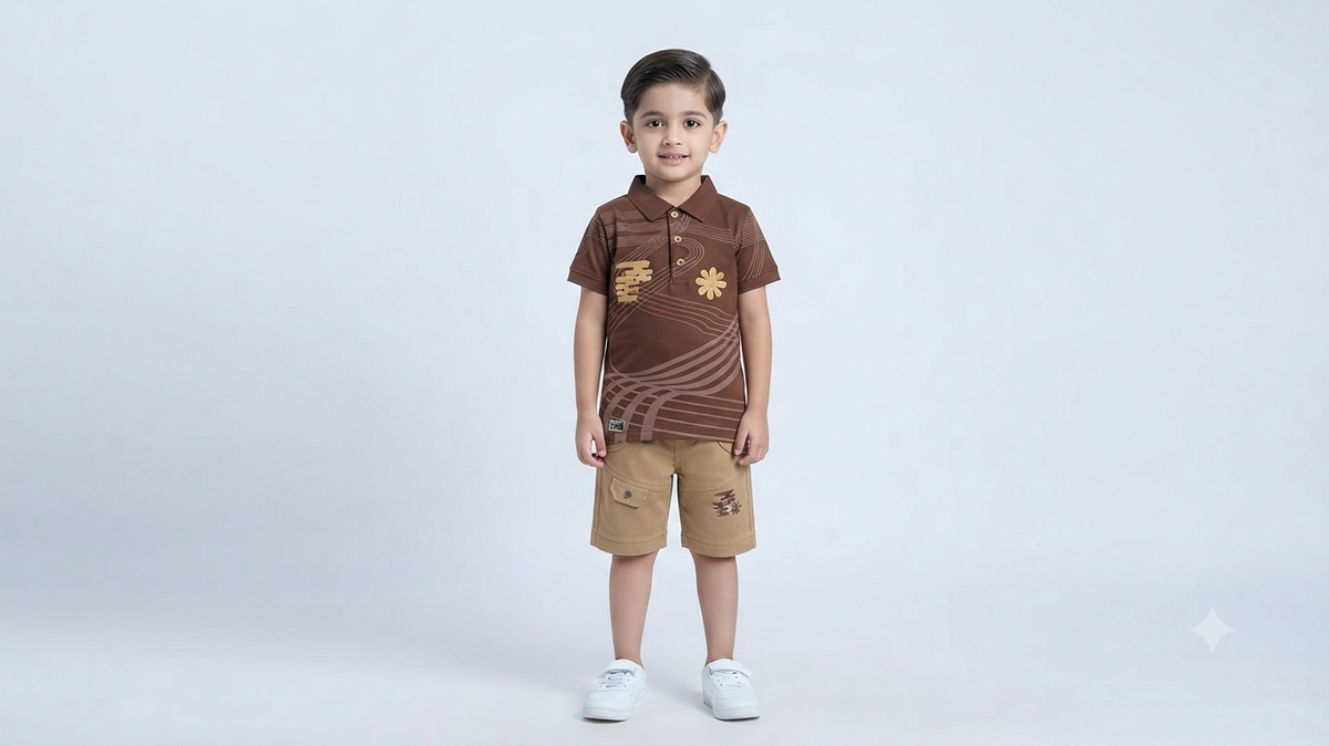 Boys Brown Printed Polo T-Shirt & Beige Short Set