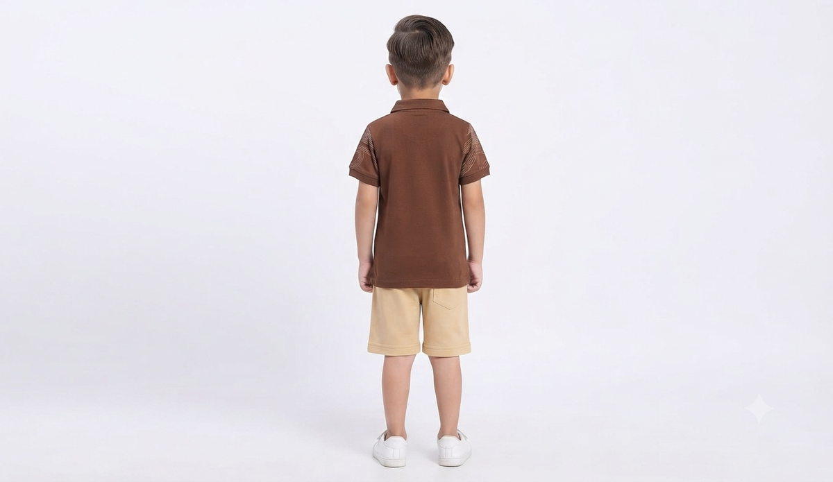 Boys Brown Printed Polo T-Shirt & Beige Short Set
