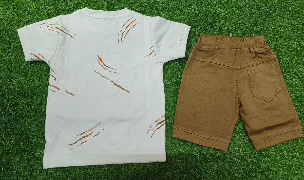 Boys White Printed T-Shirt & Brown Short Set