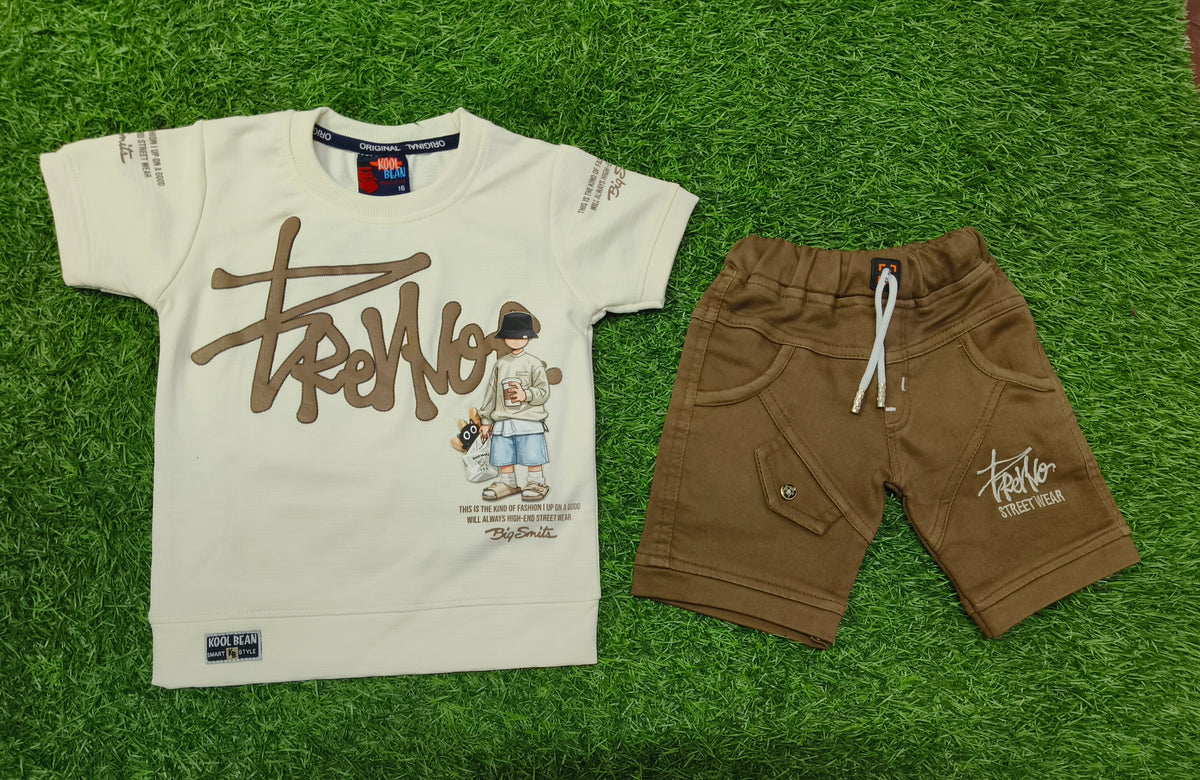 Boys Cream Graphic T-Shirt & Brown Short Set