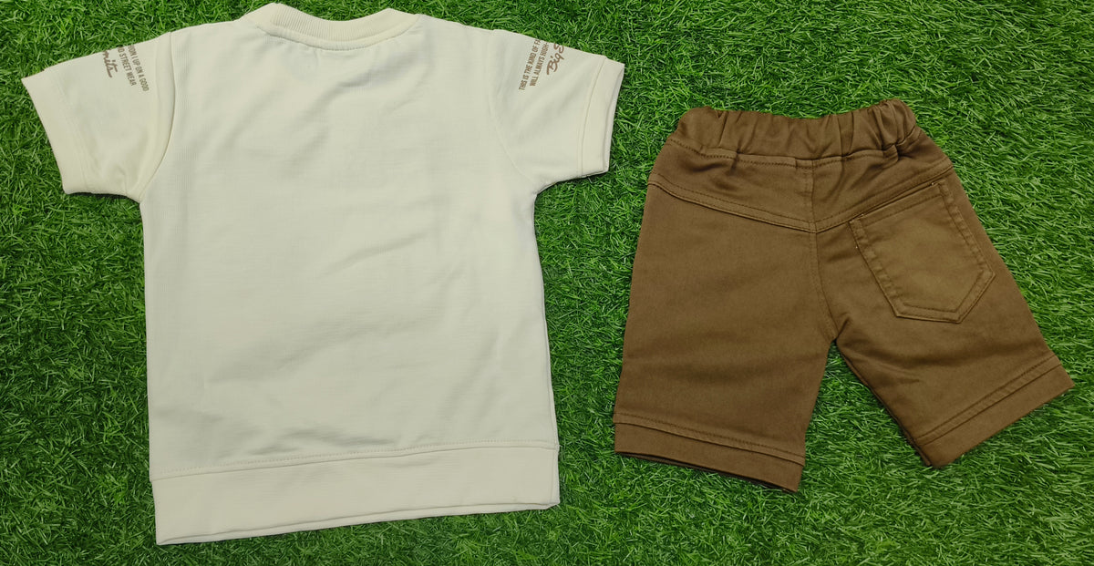 Boys Cream Graphic T-Shirt & Brown Short Set