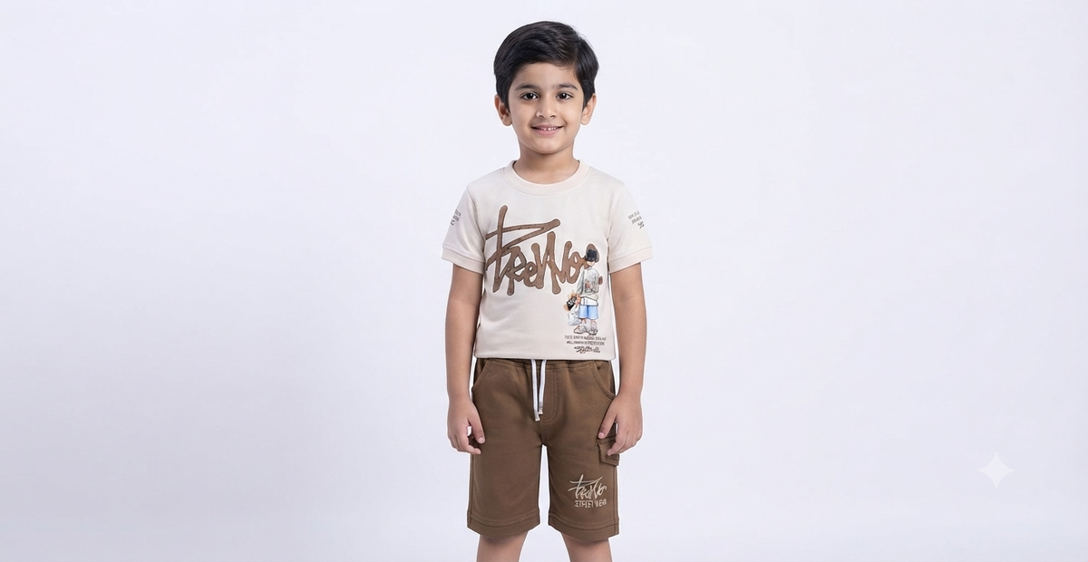Boys Cream Graphic T-Shirt & Brown Short Set
